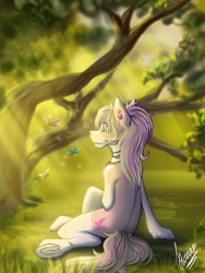 Size: 3000x4000 | Tagged: safe, artist:stirren, oc, oc only, oc:bijou butterfly, earth pony, pony, crepuscular rays, forest, looking away, sitting, solo, tree