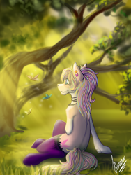 Size: 3000x4000 | Tagged: safe, alternate character, alternate version, artist:stirren, oc, oc only, oc:bijou butterfly, butterfly, pony, clothes, crepuscular rays, forest, looking away, solo, stockings, thigh highs, tree