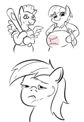 Size: 442x642 | Tagged: safe, artist:jargon scott, bow hothoof, rainbow dash, windy whistles, pegasus, pony, g4, abuse, baseball bat, black and white, dashabuse, dented dash, equestria's worst father, equestria's worst mother, female, grayscale, male, mare, monochrome, partial color, pregnant, simple background, stallion, stupidity, white background