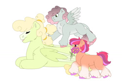 Size: 1280x854 | Tagged: safe, artist:itstechtock, oc, oc only, oc:birdie, oc:gala promenade, oc:sunshine, earth pony, pegasus, pony, female, filly, flower, lying down, offspring, parent:apple bloom, parent:mountain haze, parent:rumble, parent:sweetie belle, parent:tender taps, parent:whoa nelly, parents:mountainnelly, parents:rumbelle, parents:tenderbloom, prone, simple background, white background