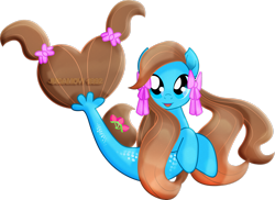 Size: 2873x2088 | Tagged: safe, artist:jucamovi1992, oc, oc only, seapony (g4), blue eyes, brown mane, dorsal fin, female, fish tail, flowing mane, flowing tail, high res, looking at you, open mouth, open smile, ribbon, simple background, smiling, smiling at you, solo, tail, transparent background