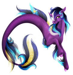 Size: 1600x1643 | Tagged: safe, artist:oneiria-fylakas, oc, oc only, pony, seapony (g4), unicorn, curved horn, dorsal fin, eyelashes, fins, fish tail, flowing mane, flowing tail, horn, multicolored hair, multicolored tail, seaponified, simple background, smiling, solo, species swap, tail, transparent background, unshorn fetlocks, yellow eyes