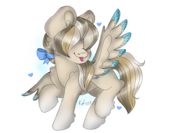 Size: 970x737 | Tagged: safe, artist:kefico, oc, oc only, pegasus, pony, :p, bow, commission, female, hair bow, hair over eyes, looking back, mare, pegasus oc, raised hoof, simple background, solo, tongue out, white background, wings, ych result
