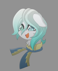Size: 6310x7778 | Tagged: safe, artist:darkstorm mlp, oc, oc only, oc:cold front, pegasus, pony, absurd resolution, anime style, birthday gift, bust, clothes, colored pupils, floppy ears, gray background, head only, heterochromia, looking at you, male, open mouth, open smile, portrait, scarf, simple background, smiling, solo, stallion