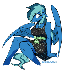 Size: 743x833 | Tagged: safe, artist:redxbacon, oc, oc only, oc:dewfus, pegasus, anthro, breasts, clothes, dress, female, solo