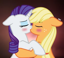 Size: 2085x1887 | Tagged: safe, artist:banquo0, applejack, rarity, earth pony, pony, unicorn, g4, blushing, bust, duo, eyes closed, female, floppy ears, kiss on the lips, kissing, lesbian, mare, ship:rarijack, shipping