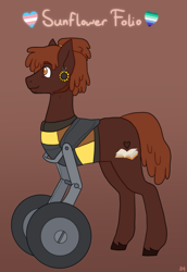 Size: 841x1225 | Tagged: safe, artist:greenarsonist, oc, oc only, oc:sunflower folio, earth pony, pony, brown background, clothes, colored pupils, disability, disabled, ear piercing, earring, earth pony oc, facial hair, gay pride flag, jewelry, male, piercing, ponytail, positive body image, pride, pride flag, sideburns, simple background, smiling, solo, trans male, transgender, transgender pride flag, vest, wheelchair