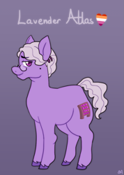 Size: 787x1106 | Tagged: safe, artist:greenarsonist, oc, oc only, oc:lavender atlas, earth pony, pony, chubby, earth pony oc, elderly, female, glasses, lesbian, lesbian pride flag, plump, pride, pride flag, short hair, solo