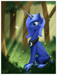 Size: 1688x2224 | Tagged: safe, artist:dash wang, princess luna, alicorn, butterfly, pony, g4, crepuscular rays, forest, horn, leaves, s1 luna, sitting, solo, tree, wings