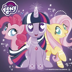 Size: 1500x1500 | Tagged: safe, artist:day dream, fluttershy, pinkie pie, twilight sparkle, alicorn, earth pony, pegasus, pony, g4, official, 2018 my little pony wall calendar (day dream), amazon.com, calendar, female, glowing horn, heart eyes, horn, jewelry, mare, merchandise, missing nostrils, my little pony logo, necklace, twilight sparkle (alicorn), wingding eyes