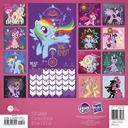 Size: 2560x2560 | Tagged: safe, artist:day dream, fluttershy, pinkie pie, rainbow dash, twilight sparkle, alicorn, butterfly, earth pony, pegasus, pony, g4, official, 2018, 2018 my little pony wall calendar (day dream), background pony applejack, background pony rarity, barcode, calendar, feather, female, hasbro logo, heart eyes, high res, isbn, loyalty, made in korea, mare, moon, my little pony logo, stock vector, sun, twilight sparkle (alicorn), wingding eyes