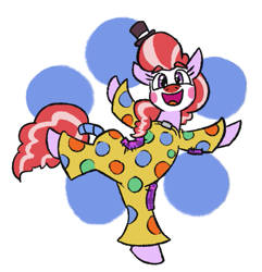 Size: 563x584 | Tagged: safe, artist:jargon scott, oc, oc only, oc:clown pony, earth pony, pony, clown, clown makeup, female, happy, hat, mare, open mouth, solo, standing, standing on one leg, tiny hat, top hat