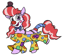 Size: 702x613 | Tagged: safe, artist:jargon scott, oc, oc only, oc:clown pony, earth pony, pony, clothes, clown, clown makeup, dog pants, female, hat, looking at you, mare, pants, simple background, solo, suspenders, tiny hat, top hat, white background