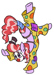 Size: 490x678 | Tagged: safe, artist:jargon scott, oc, oc only, oc:clown pony, earth pony, pony, clothes, clown, clown makeup, dog pants, female, handstand, hat, mare, pants, simple background, solo, suspenders, tiny hat, top hat, upside down, white background