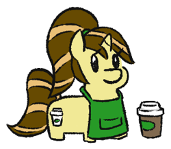 Size: 303x263 | Tagged: safe, artist:jargon scott, oc, oc only, oc:java chip, pony, unicorn, apron, clothes, coffee cup, cup, female, mare, simple background, solo, squatpony, white background