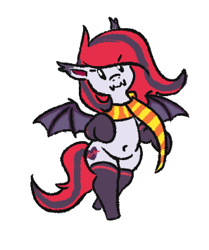 Size: 297x356 | Tagged: safe, artist:jargon scott, oc, oc only, oc:arrhythmia, bat pony, pony, belly button, bipedal, clothes, female, mare, scarf, simple background, socks, solo, spread wings, squatpony, white background, wings
