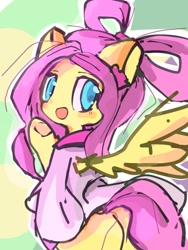 Size: 768x1024 | Tagged: safe, artist:pnpn_721, fluttershy, pegasus, pony, g4, bow, clothes, colored pupils, female, looking at you, looking back, looking back at you, mare, open mouth, raised hoof, solo