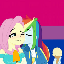 Size: 1280x1280 | Tagged: safe, artist:insamity720, fluttershy, rainbow dash, equestria girls, g4, my little pony equestria girls: better together, bisexual pride flag, blushing, cheek kiss, duo, duo female, eyes closed, female, food, ice cream, ice cream cone, kissing, lesbian, one eye closed, popsicle, pride, pride flag, ship:flutterdash, shipping
