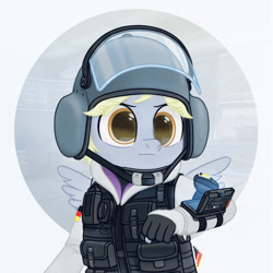 Size: 2000x2000 | Tagged: safe, artist:fchelon, derpy hooves, pegasus, anthro, g4, armor, clothes, cosplay, costume, crossover, epic derpy, female, fingerless gloves, gloves, helmet, high res, hoodie, iq, mask, rainbow six, rainbow six siege, solo