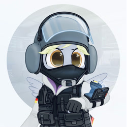 Size: 2000x2000 | Tagged: safe, alternate version, artist:fchelon, derpy hooves, pegasus, anthro, g4, armor, clothes, cosplay, costume, crossover, epic derpy, female, fingerless gloves, gloves, helmet, high res, hoodie, iq, mask, rainbow six, rainbow six siege, solo