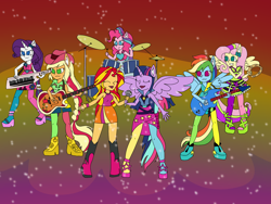 Size: 2048x1536 | Tagged: safe, artist:mintymelody, applejack, fluttershy, pinkie pie, rainbow dash, rarity, sunset shimmer, twilight sparkle, human, equestria girls, g4, my little pony equestria girls: rainbow rocks, drums, guitar, horn, humane five, humane seven, humane six, keytar, microphone, musical instrument, ponied up, redraw, tambourine, the rainbooms, welcome to the show