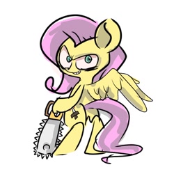 Size: 768x768 | Tagged: safe, artist:pnpn_721, fluttershy, pegasus, pony, .mov, shed.mov, g4, angry face, bipedal, chainsaw, female, fluttershed, looking at you, looking back, looking back at you, mare, shrunken pupils, simple background, solo, white background