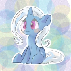 Size: 768x768 | Tagged: safe, artist:pnpn_721, trixie, pony, unicorn, abstract background, female, lidded eyes, mare, missing accessory, sitting, solo