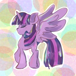 Size: 768x768 | Tagged: safe, artist:pnpn_721, twilight sparkle, alicorn, pony, abstract background, eyes closed, female, mare, profile, solo, spread wings, twilight sparkle (alicorn), wings