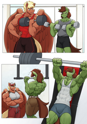 Size: 1439x2048 | Tagged: safe, artist:ponyanony, oc, oc only, oc:emerald spark, oc:flex, earth pony, pegasus, anthro, abs, anthro oc, armpits, back muscles, barbell, bodybuilder, clothes, comic, commission, deltoids, dumbbell (object), duo, earth pony oc, exercise, gym, male, male nipples, muscles, muscular male, nipples, no dialogue, partial nudity, pecs, pegasus oc, stallion, sweat, thighs, thunder thighs, topless, weights