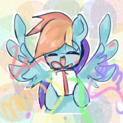 Size: 768x768 | Tagged: safe, artist:pnpn_721, rainbow dash, pegasus, pony, g4, abstract background, cute, dashabetes, eyes closed, female, mare, open mouth, open smile, present, smiling, solo, streamers