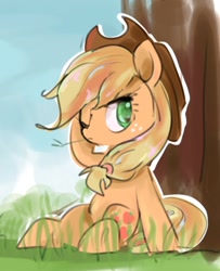 Size: 624x768 | Tagged: safe, artist:pnpn_721, applejack, earth pony, pony, g4, colored pupils, female, hay stalk, mare, one eye closed, sitting, solo, straw in mouth