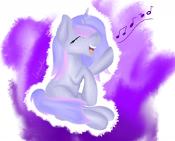 Size: 1832x1482 | Tagged: safe, artist:lav-cavalerie, oc, oc only, oc:silver swirl, pony, unicorn, eyes closed, female, horn, mare, music notes, open mouth, singing, sitting, solo, unicorn oc