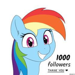 Size: 2000x2000 | Tagged: safe, artist:irisarco, rainbow dash, pegasus, pony, g4, 1000 followers, animated, cute, dashabetes, ear fluff, eye shimmer, female, follower count, gif, grin, high res, mare, simple background, smiling, smiling at you, solo, text, watermark, white background