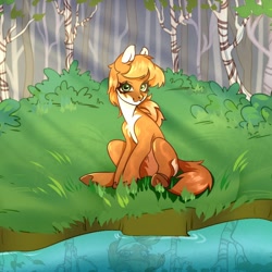 Size: 720x720 | Tagged: safe, oc, oc only, pony, colored pinnae, forest, forest tale, looking at you, pale belly, reflection, sitting, solo, tree, ukraine, water