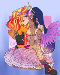 Size: 640x800 | Tagged: safe, artist:liza-lee, sunset shimmer, twilight sparkle, human, g4, clothes, crown, dark skin, dress, duo, female, horn, humanized, jewelry, lesbian, popstar, regalia, ship:sunsetsparkle, shipping, wings