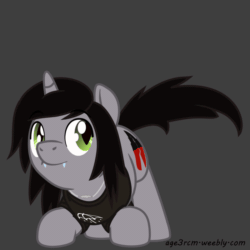 Size: 800x800 | Tagged: safe, artist:age3rcm, pony, unicorn, animated, clothes, commission, disguise, disguised siren, face down ass up, gif, gray background, happy, horn, jewelry, kellin quinn, male, necklace, ponified, shirt, simple background, sleeping with sirens, slit pupils, solo, stallion, t-shirt, tail wag, ych result