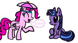 Size: 1215x676 | Tagged: dead source, safe, artist:pagiepoppie12345, pinkie pie, twilight twinkle, pegasus, pony, unicorn, feeling pinkie keen, g4, 2009, duo, duo female, female, hat, laughing, mare, pegasus pinkie pie, race swap, show bible, simple background, smiling, speech bubble, transparent background, umbrella, umbrella hat, unamused