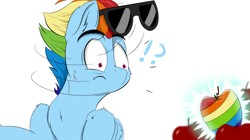 Size: 2050x1152 | Tagged: safe, rainbow dash, pegasus, pony, g4, apple, exclamation point, food, interrobang, older, older rainbow dash, question mark, sunglasses, sunglasses on head, sweat, sweatdrops, turned head, zap apple