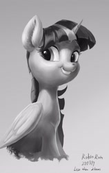 Size: 2426x3840 | Tagged: safe, artist:robinrain8, twilight sparkle, alicorn, pony, g4, blue background, cute, female, grayscale, high res, mare, monochrome, simple background, smiling, solo, style emulation, twiabetes, twilight sparkle (alicorn)