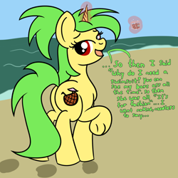 Size: 2000x2000 | Tagged: safe, artist:dafiltafish, oc, oc only, oc:piña, pony, unicorn, beach, butt, high res, plot, solo, text, we don't normally wear clothes