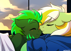 Size: 3128x2260 | Tagged: safe, artist:cottonsweets, oc, oc only, oc:daylight, oc:gumdrops, earth pony, pegasus, pony, clothes, high res, hoodie, snuggling