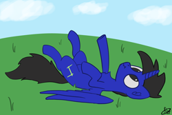 Size: 6000x4000 | Tagged: safe, artist:d3f4ult_4rt1st, oc, oc only, oc:cd, alicorn, pony, absurd resolution, alicorn oc, chest fluff, cloud, confused, day, ear fluff, grass, horn, lying down, male, on back, outdoors, outstretched hoof, raised hoof, signature, sky, solo, wings
