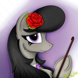 Size: 4000x4000 | Tagged: safe, artist:ser-p, octavia melody, earth pony, pony, g4, absurd resolution, bow (instrument), bust, cello bow, flower, flower in hair, portrait, solo
