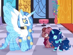 Size: 1280x967 | Tagged: safe, artist:lilywolfpie, oc, oc only, oc:amber night, oc:dream, oc:sweet blossom, alicorn, hybrid, pony, female, filly, interspecies offspring, magical lesbian spawn, offspring, parent:discord, parent:princess luna, parent:scootaloo, parent:sweetie belle, parents:lunacord, parents:scootabelle