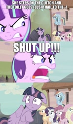 Size: 888x1498 | Tagged: safe, edit, edited screencap, screencap, applejack, fluttershy, pinkie pie, rainbow dash, rarity, starlight glimmer, twilight sparkle, g4, the cutie map, caption, image macro, male, mane six, ragelight glimmer, text, the simpsons