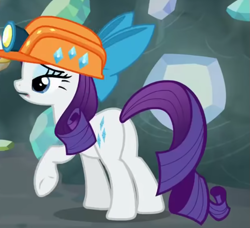 Size: 639x582 | Tagged: safe, screencap, rarity, pony, g4, rock solid friendship, bow, butt, cropped, hair bow, hard hat, helmet, mining helmet, plot, rearity, solo