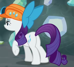 Size: 639x582 | Tagged: safe, screencap, rarity, pony, g4, rock solid friendship, bow, butt, cropped, hair bow, hard hat, helmet, mining helmet, plot, rearity, solo