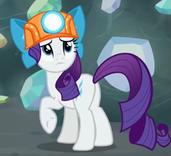 Size: 639x582 | Tagged: safe, screencap, rarity, pony, g4, rock solid friendship, bow, butt, cropped, hair bow, hard hat, helmet, mining helmet, plot, rearity, solo