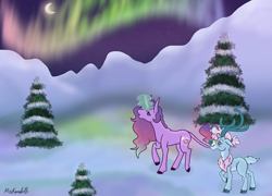 Size: 2968x2136 | Tagged: safe, artist:misskanabelle, aurora the reindeer, oc, oc:aurora star, classical unicorn, deer, pony, reindeer, unicorn, g4, antlers, aurora borealis, cloven hooves, crescent moon, duo, female, glowing horn, high res, horn, leonine tail, looking up, mare, moon, namesake, night, outdoors, pun, raised hoof, signature, tree, unshorn fetlocks, visual pun