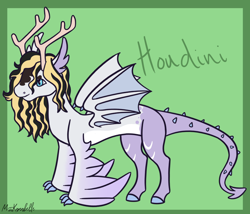 Size: 1750x1500 | Tagged: safe, artist:misskanabelle, oc, oc only, oc:houdini, draconequus, abstract background, adopted offspring, antlers, draconequus oc, male, parent:sunset shimmer, parent:trixie, parents:suntrix, signature, solo, wings